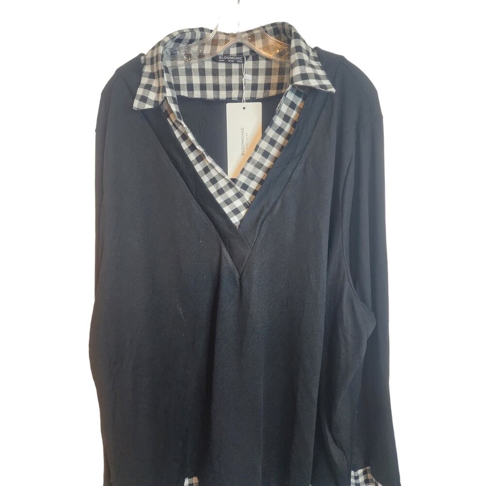 BloomChic Plaid Patchwork Shirt Collar Curved Hem… - image 2